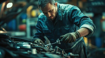 Mechanic Working on a Car Engine