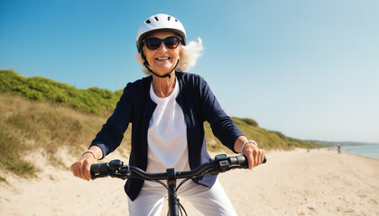 Vélo bicyclette promenade plage femme senior activité retraite.