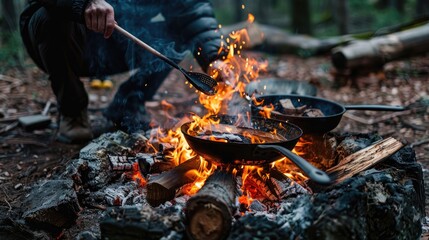 Fototapeta premium Wild camping, food cooked on a campfire is prepared. Generative AI