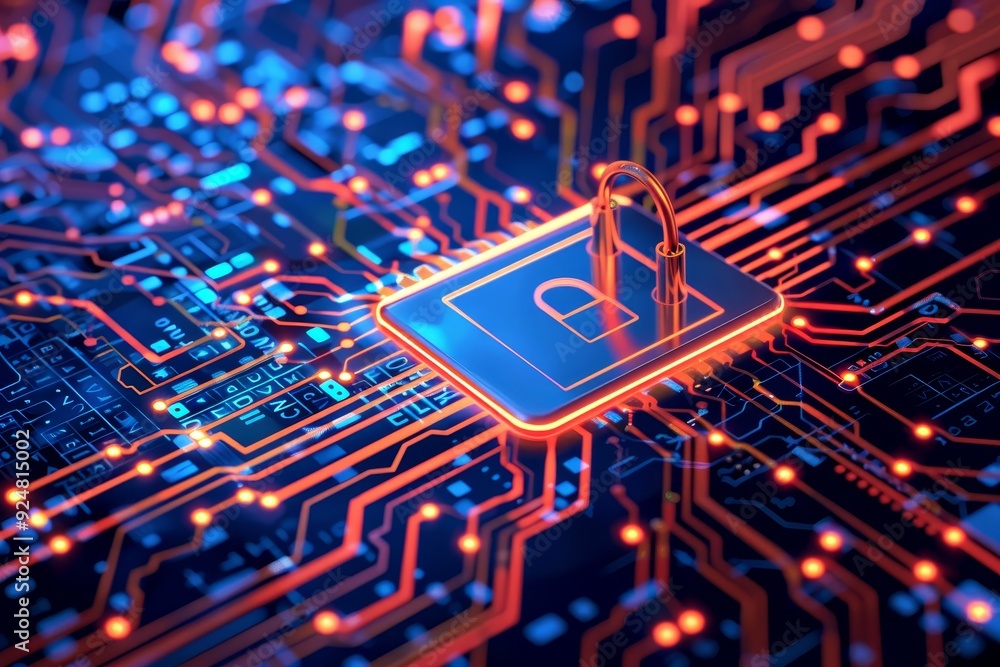 Leinwandbilder circuit with padlock on it, an advanced cybersecurity system protects against online threats and dat