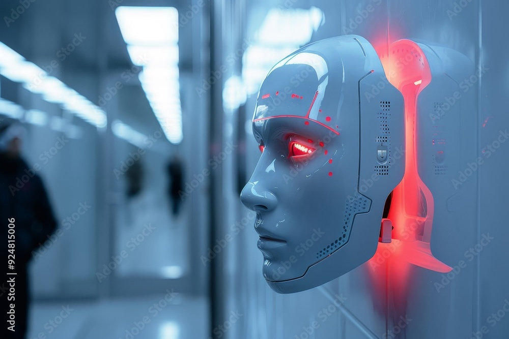 Aufkleber a woman with glowing face and head, an advanced biometric security system scans your face or fingerp