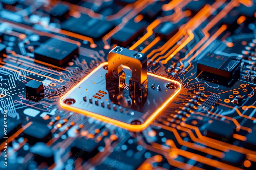 Poster circuit with padlock on it, an advanced cybersecurity system protects against online threats and dat