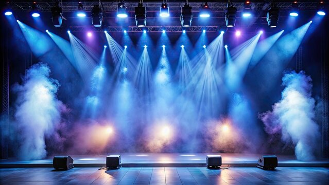 Empty concert stage with fog machine, light show, and hip-hop backdrop, concert, stage, fog machine, light show, music