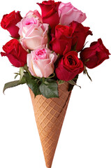 A bouquet of pink and red roses arranged in a waffle cone.