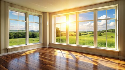Fototapeta premium Bright sunlight illuminating a living space with a view of fields through the window, sunny, sunlight, living room, window, fields