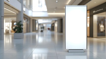 Blank white roll-up banner stand in shopping mall hall background.
