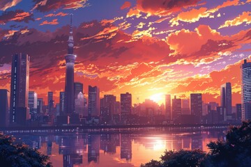 Fototapeta premium Cityscape with Skyscrapers at Sunset Reflected in Water