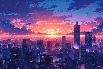 Fototapeta premium Cityscape with Skyscrapers and a Sunset Sky