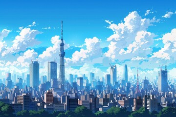 Obraz premium Tokyo Skyline with Skytree and Fluffy Clouds