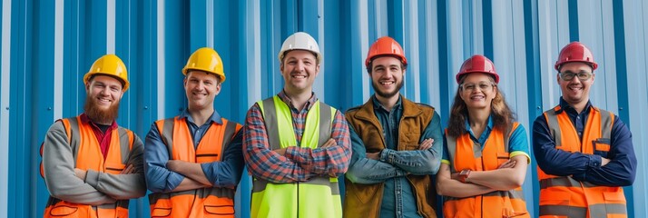 Obraz premium A diverse group of six construction workers wearing safety helmets and vests, smiling and standing in front of a blue corrugated wall.