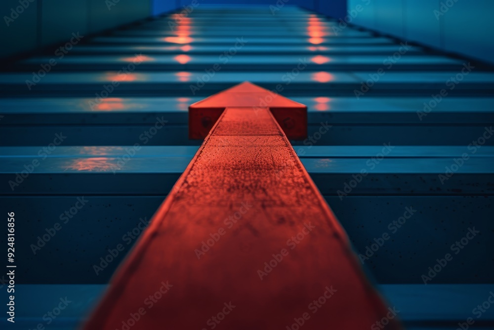 Poster red arrow on blue and pink background, an arrow graph pointing upwards, symbolizing growth and impro