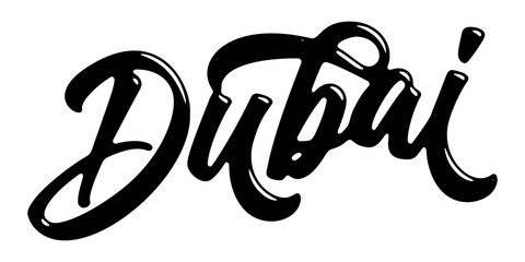 Dubai city name written in street art-style liquid brush script lettering