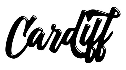 Cardiff city name written in street art-style liquid brush script lettering