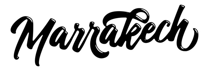 Marrakech city name written in street art-style liquid brush script lettering