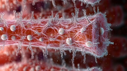 A microscopic view of a human muscle fiber, showcasing the striated pattern of the myofibrils. The fiber is depicted with its elongated, cylindrical shape and the detailed arrangement of actin and