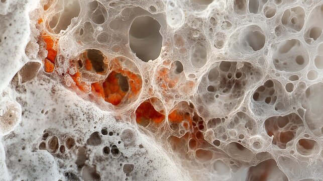 A detailed microscopic photograph of a human lung alveolus and its surrounding capillaries. The alveolus appears as a tiny, spherical sac with a thin, delicate wall, lined with a layer of squamous