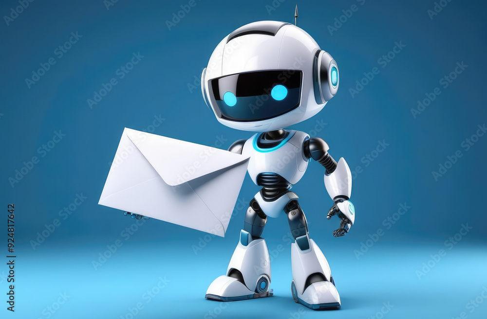 Poster future technologies, robot assisting with mail. futuristic android delivering letter in envelope