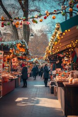 A festive holiday market with colorful stalls and people enjoying hot chocolate 