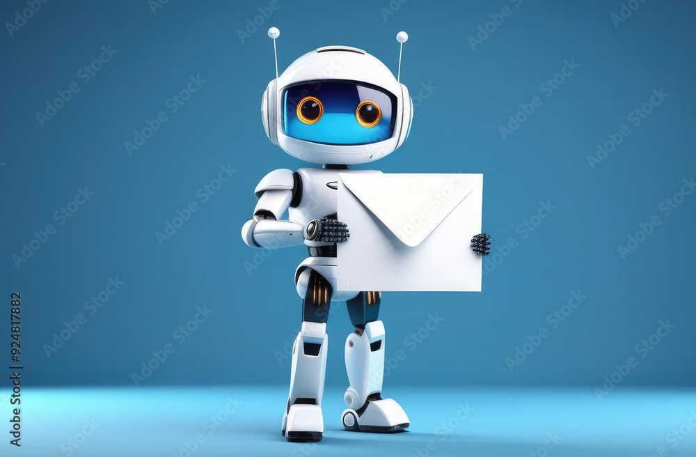 Poster futuristic android delivering letter in envelope. future technologies, robot assisting with mail.