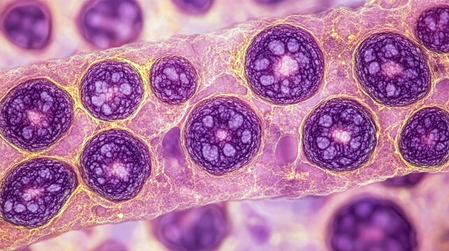 A close-up microscopic view of a human salivary gland, depicting its acinar structure. The gland is shown with its clusters of acinar cells, producing and secreting saliva. The surrounding ductal
