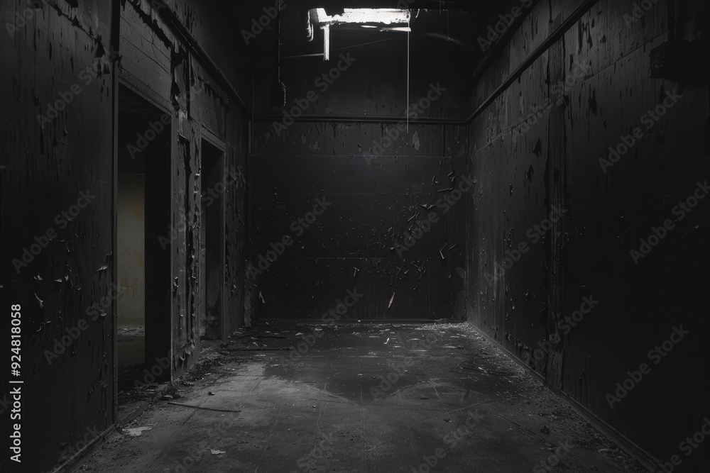 Poster dark tunnel with benches and lights, an empty, pitch-black space void of any details or features