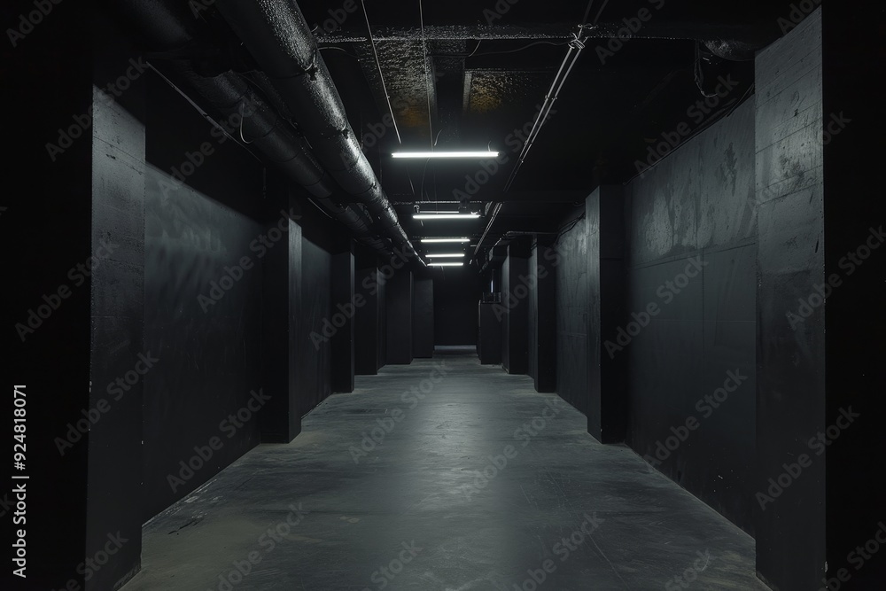 Poster dark tunnel with benches and lights, an empty, pitch-black space void of any details or features