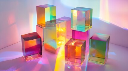 77. Floating, translucent prisms with glowing reflections and a clear, high-tech feel