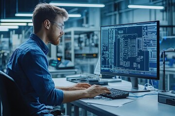 Engineer working on a computer in a modern factory. Industrial background
