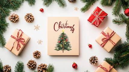 Christmas greeting background with pine tree and gift boxes