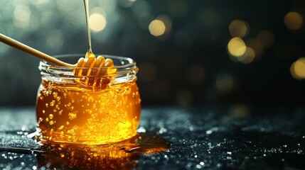 Golden honey drizzled on a deep ebony surface