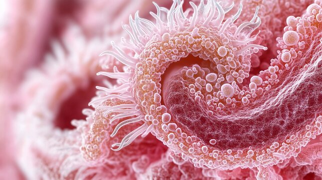 A close-up microscopic view of a human mucous membrane from the respiratory tract. The image captures the ciliated epithelial cells, goblet cells secreting mucus, and the underlying connective