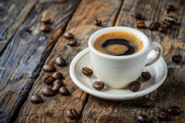 Coffee cup and coffee beans on a wooden background. toning. selective focus