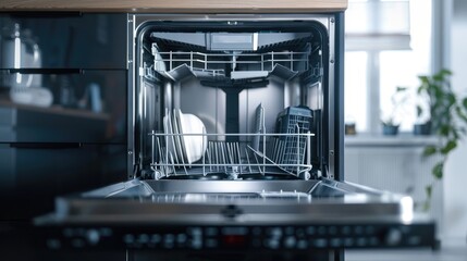 Dishwasher inside with tableware, Generative AI