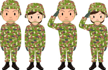 自衛隊　敬礼をする男性と女性自衛官のイラスト
