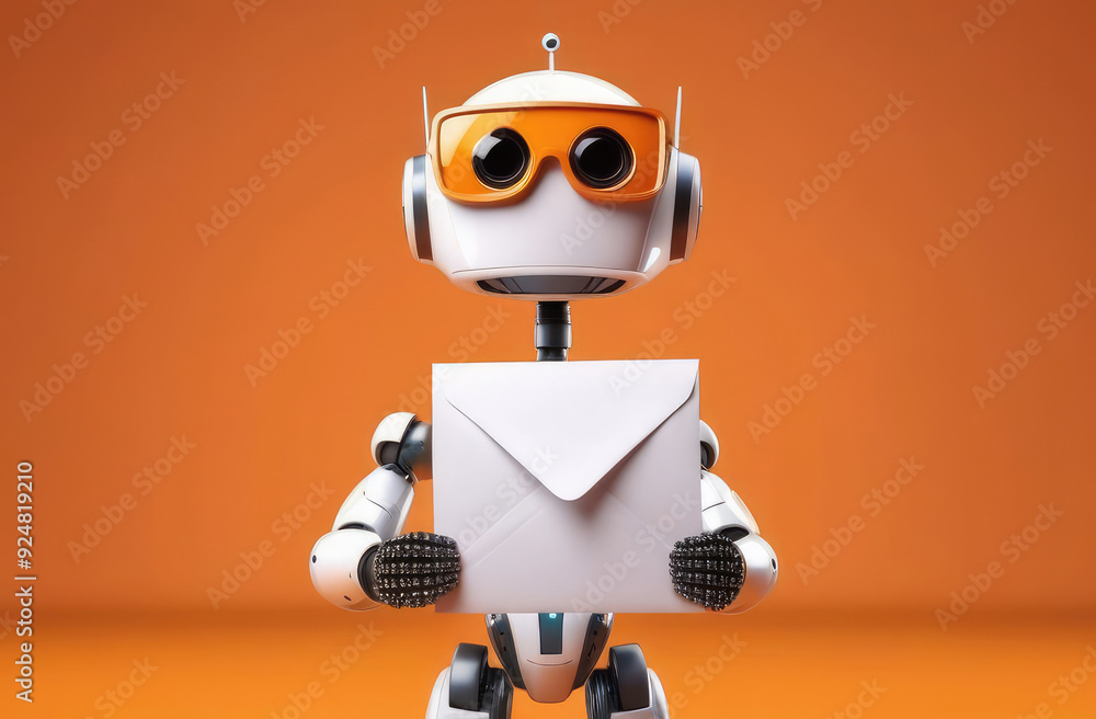 Poster future technologies, robot assisting with mail. futuristic android holding letter in envelope