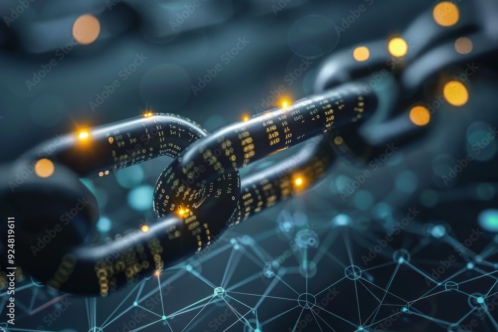 Leinwandbilder chain with link in the middle, an innovative blockchain technology secures transactions and protects