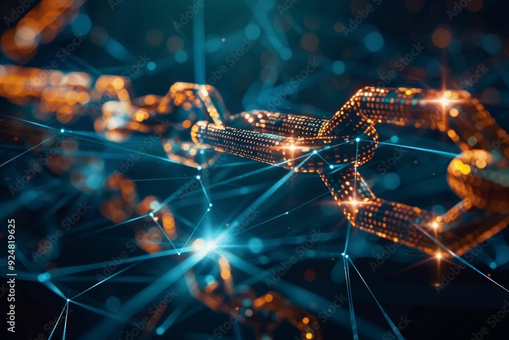 Fototapete chain with link in the middle, an innovative blockchain technology secures transactions and protects
