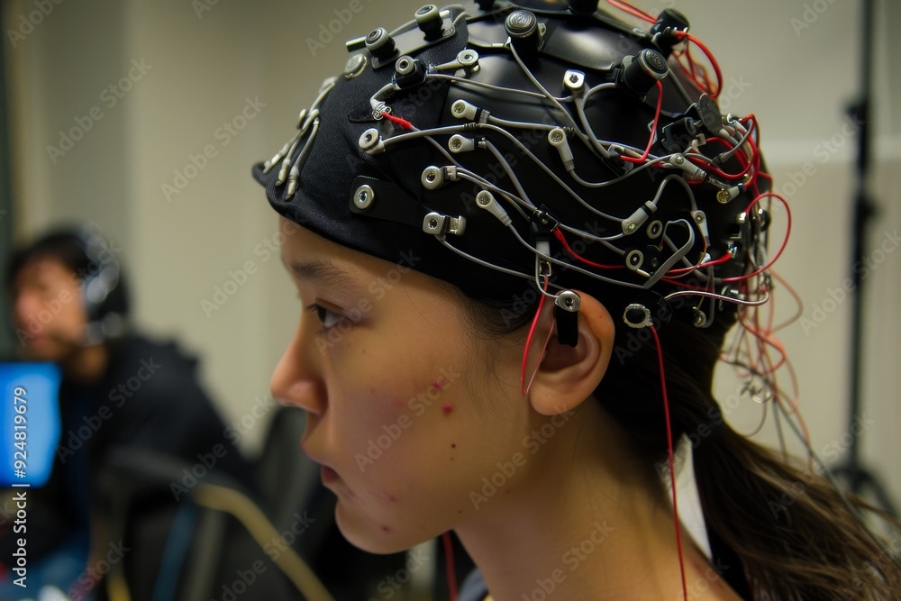 Aufkleber woman with head device on her head, brain-computer interface enhancing cognitive capabilities