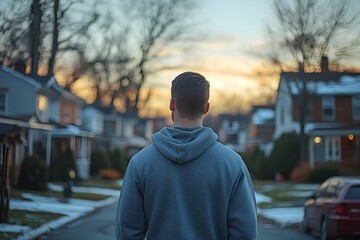 Fototapeta premium A solitary figure gazes at the dwindling twilight, his silhouette framed by a quiet suburban street, evoking feelings of contemplation and introspection. 