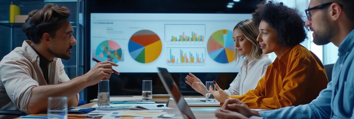 Team of professionals sitting around a table in a modern office, having a meeting and discussing data charts displayed on a screen in the background.
