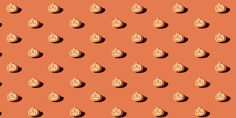 Pumpkins on orange background. Pattern for cafe, menu, restaurant. 3d template background. Halloween. 3d render.
