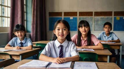 Asian pupils sitting in classroom and girl putting up
