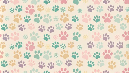 Adorable paw print patterns in soft, pastel shades adorn a pale background, creating a sweet and whimsical design perfect for pet lovers and nursery decor.