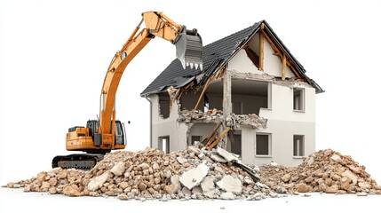 Obraz premium Depiction of a suburban house partially demolished by a large excavator, with the rubble neatly piled on a white background