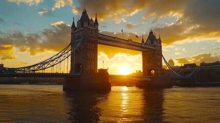 Stunning sunset view of Tower Bridge over the River Thames. Golden hues reflect off the water. Perfect for travel and cityscape themes. Captured in a vibrant style. AI