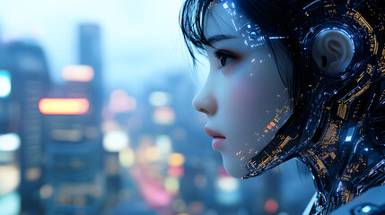 A beautiful european female robot with an extremely detailed head, a close-up of the face and hair, against a background of a futuristic cityscape