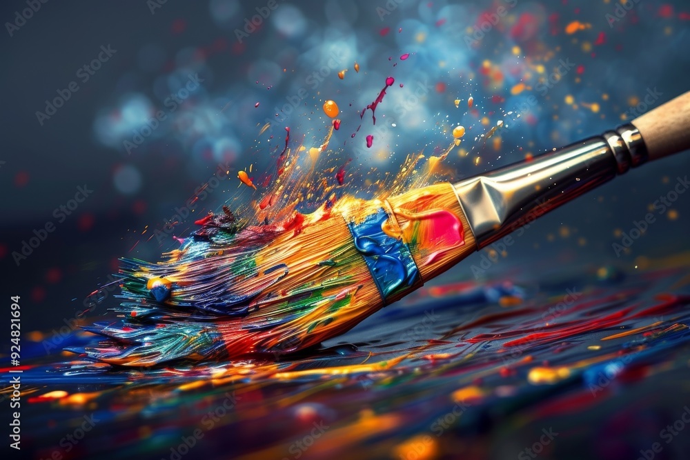 Aufkleber paintbrush with colorful paint splash on it, paintbrush with vibrant splashes of color, representing
