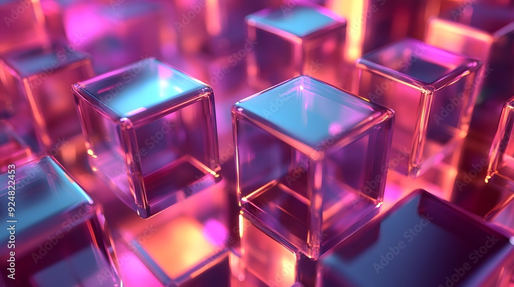 Wall mural 1. floating, interlocking geometric shapes with a luminous glow, creating a dynamic, transparent eff