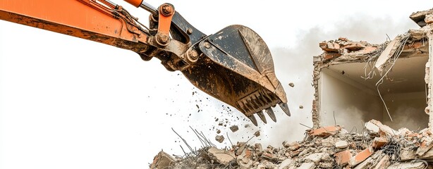 Close-up of an excavator claw demolishing a suburban home, with rubble details on a white background