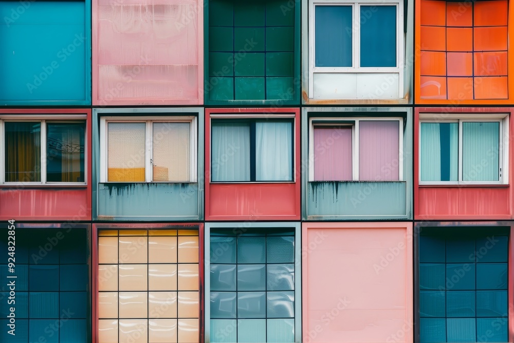 Poster multicolored building with bunch of windows, responsive grid layout optimizes screen space